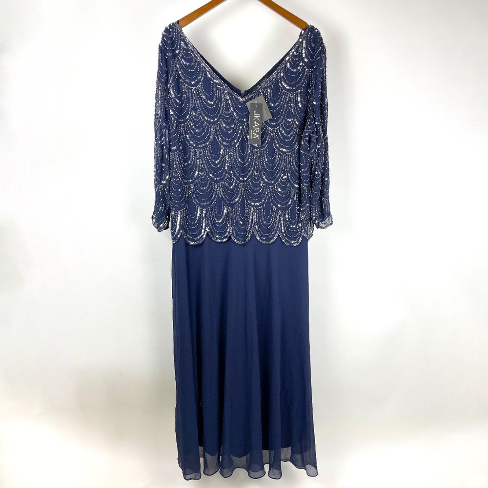 NEW J Kara 3/4 Scallop Beaded Pop Over Gown Petite Grey Mercury Gun Size 24W NWT - Picture 4 of 11
